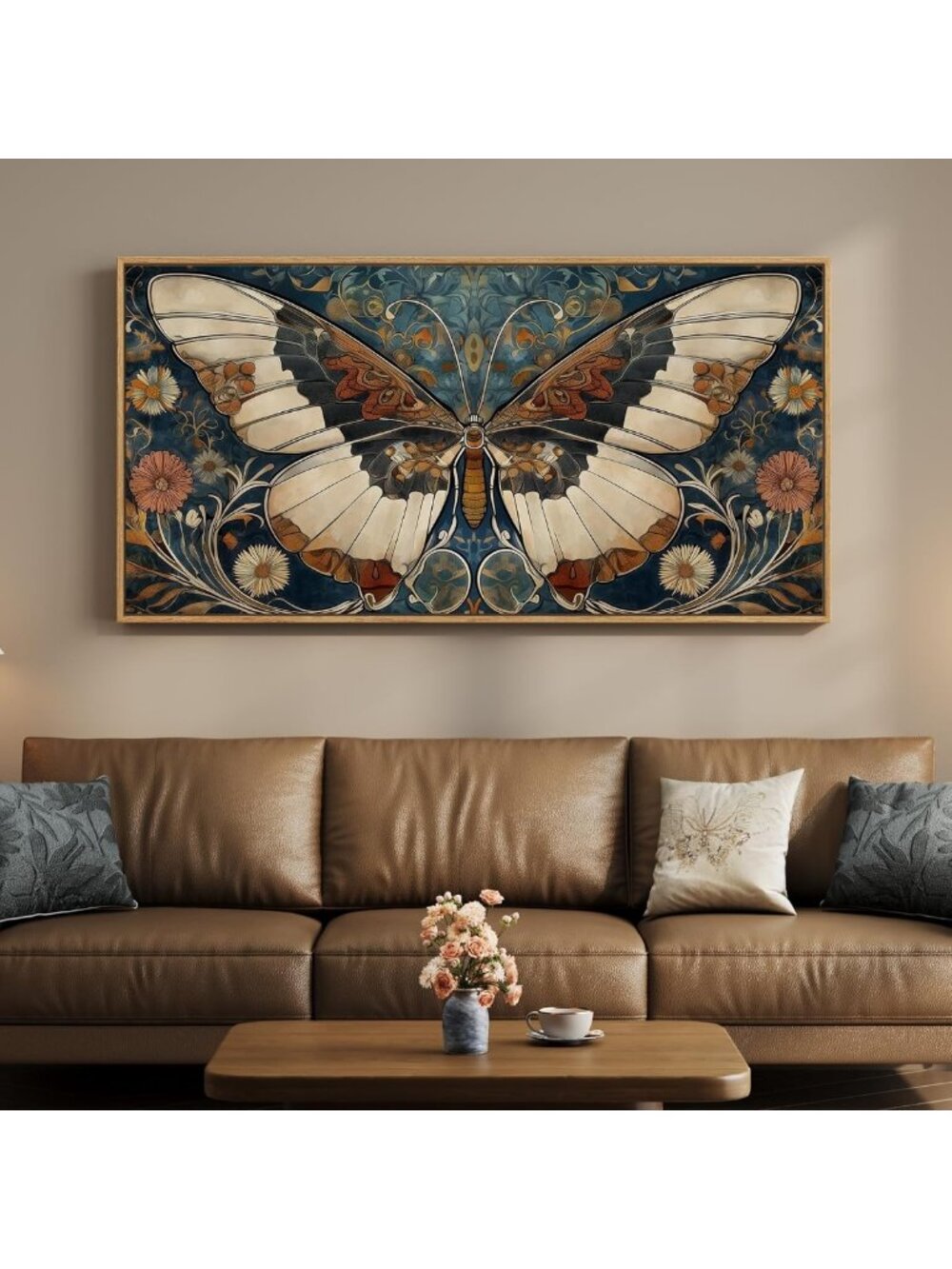 Extra Large Vintage Butterfly Wall Art - Framed Decor for Living Room, 60x30